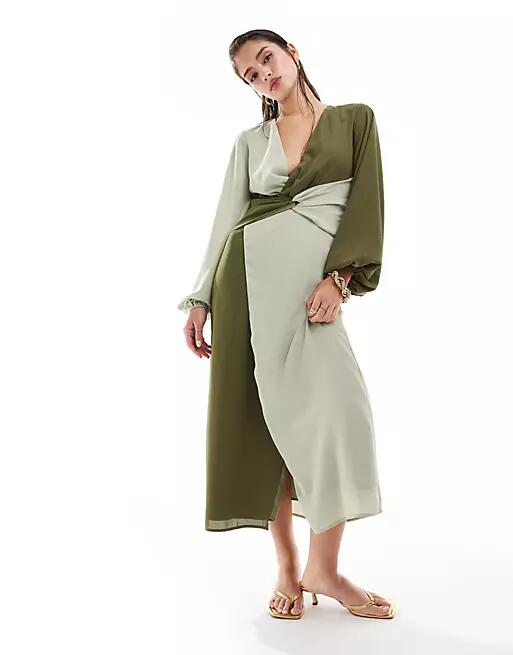 Pretty Lavish knot front contrast midi dress in olive and sage-Green Cover