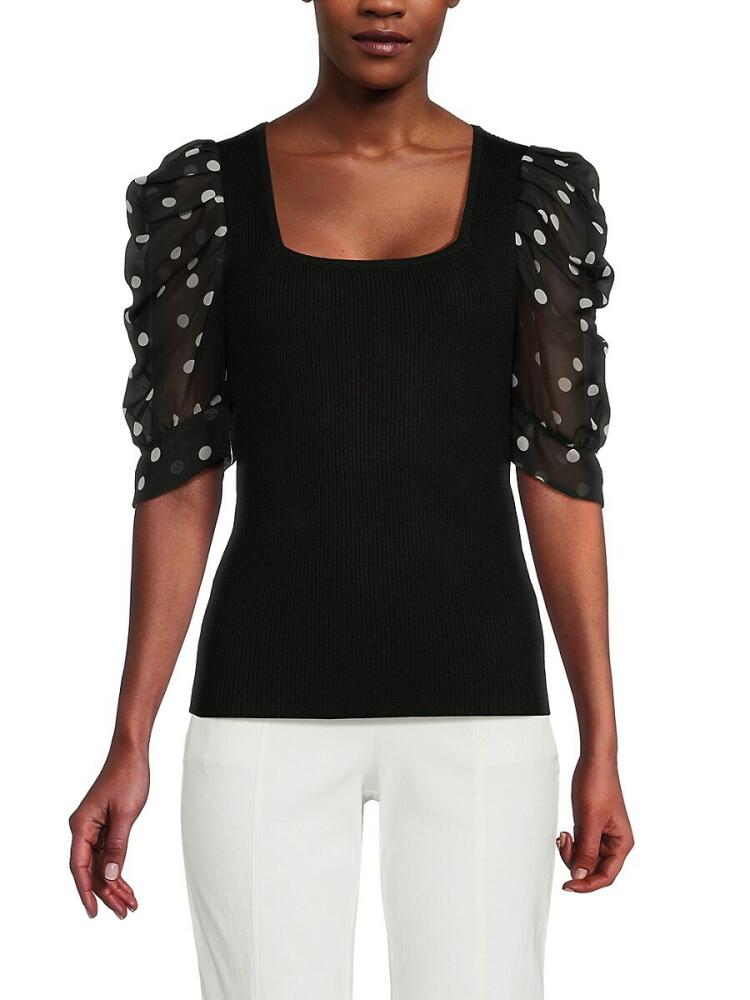 T Tahari Women's Polka Dot Puff Sleeve Top - Black Cover