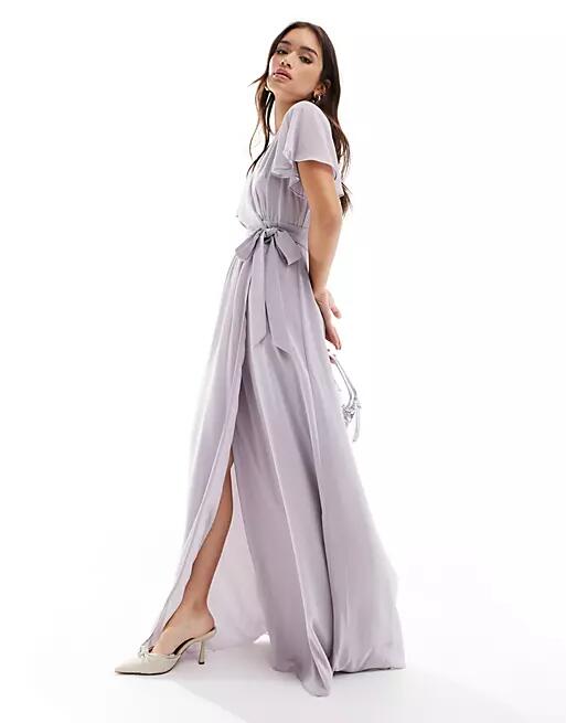 Six Stories Bridesmaid flutter sleeve chiffon maxi dress in lilac-Gray Cover