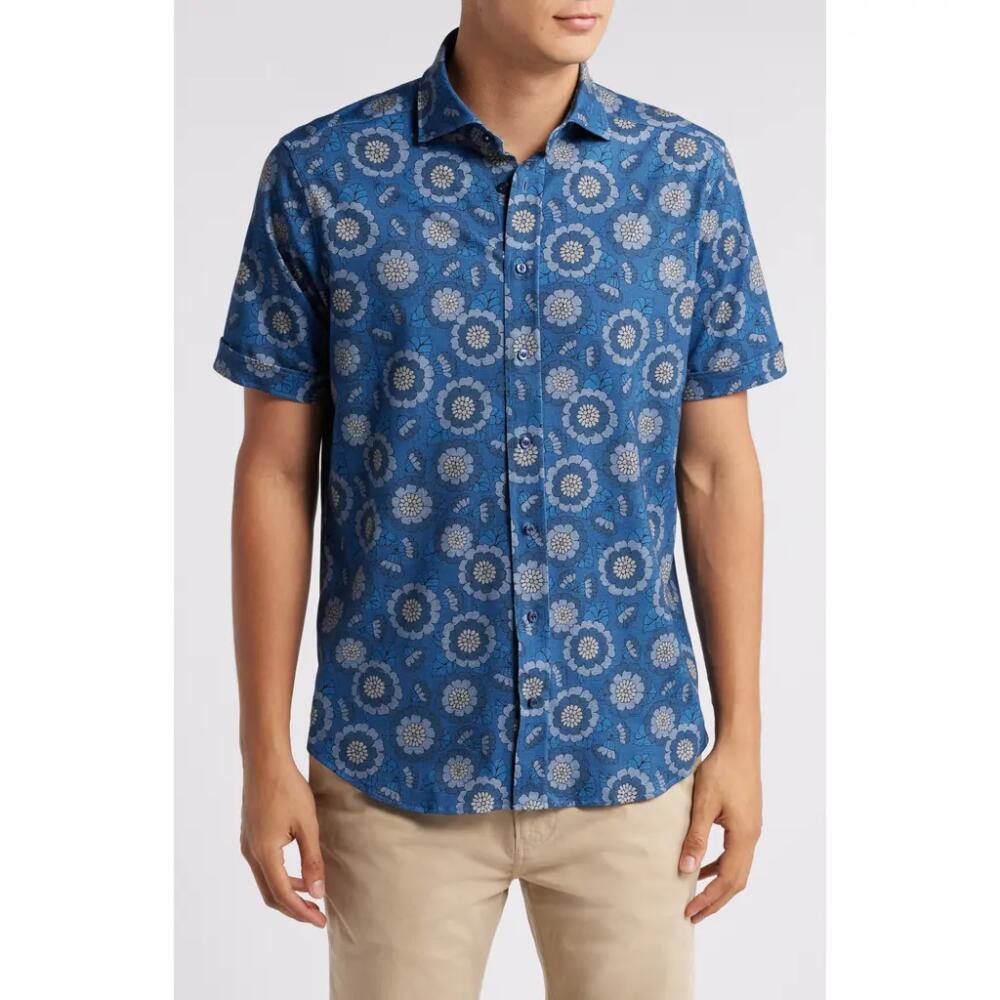 Emanuel Berg 4Flex Modern Fit Floral Short Sleeve Knit Button-Up Shirt in Medium Blue Cover