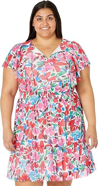 Donna Morgan Plus Size Mini Dress with Flutter Sleeve (Soft White/Hot Pink) Women's Clothing Cover