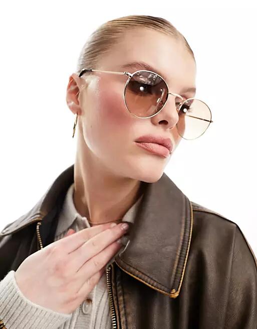 ASOS DESIGN metal round sunglasses in gold with light brown lens Cover