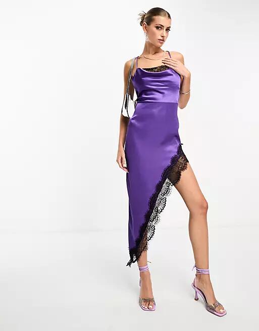 NaaNaa satin cowl neck midi dress with asymmetric lace hem in purple Cover