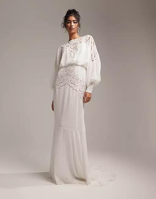 ASOS EDITION Ella blouson sleeve beaded cutwork wedding dress in cream-White Cover