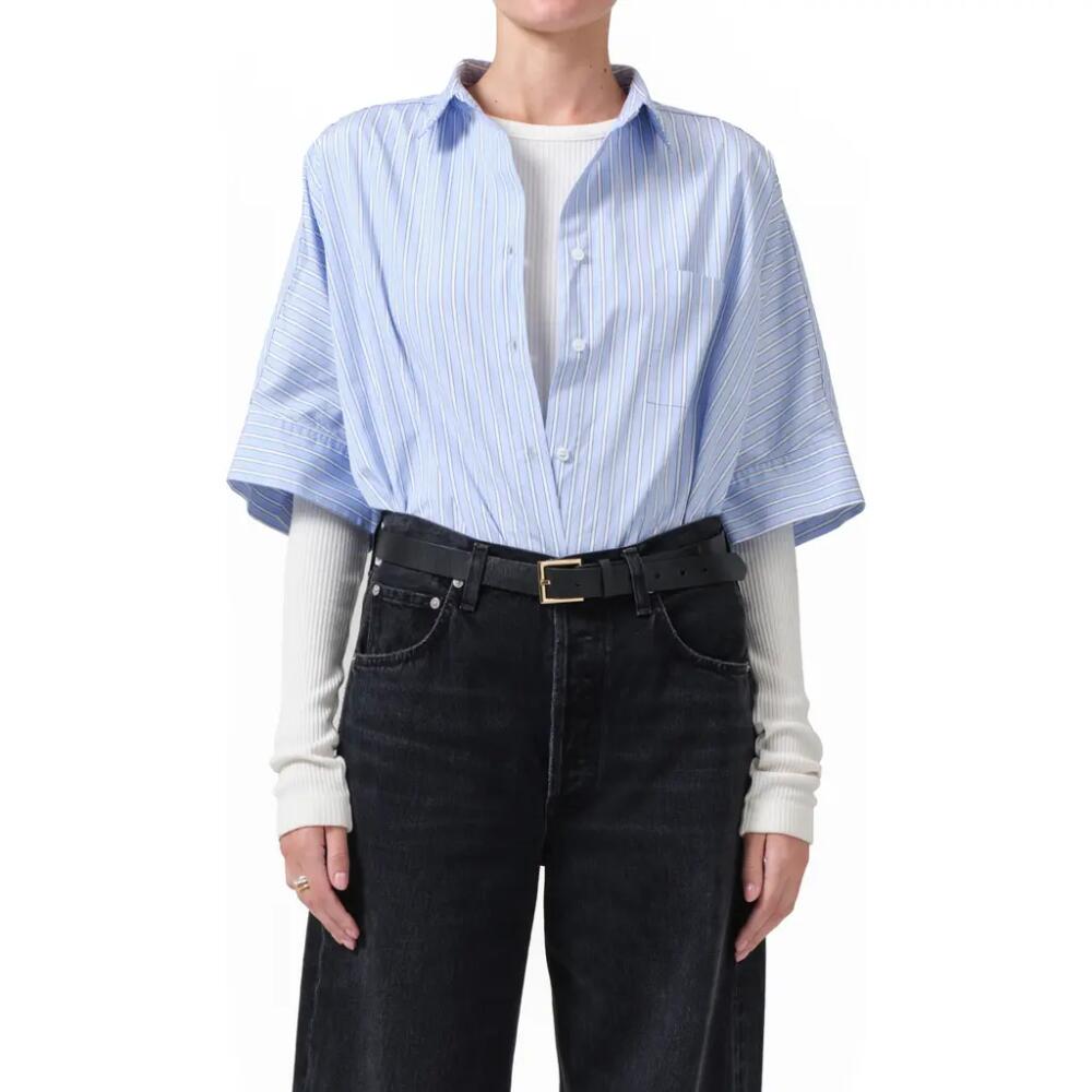 Citizens of Humanity Claire Origami Elbow Sleeve Cotton Button-Up Shirt in Melissani Stripe Cover