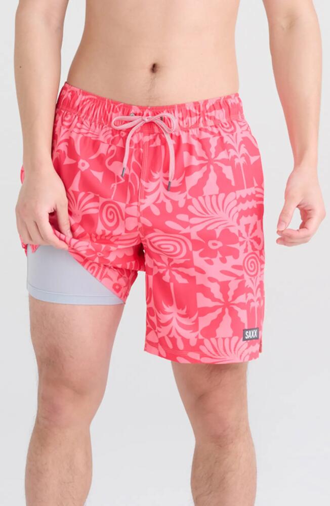 SAXX Oh Buoy 2N1 7-Inch Volley Swim Shorts in East Coast- Hibiscus Cover