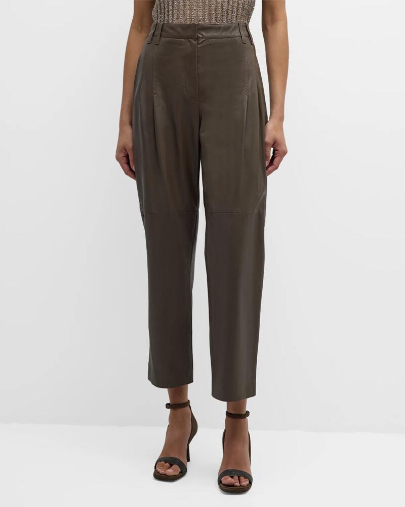 Brunello Cucinelli Natural-Washed Shiny Leather Pleated Pants Cover