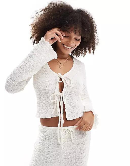 Pull & Bear waffle texture tie front top in ecru - part of a set-White Cover