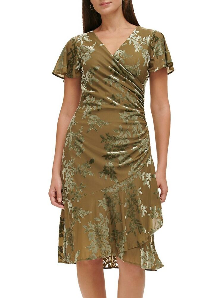 Kensie Women's Burnout Faux Wrap Midi Dress - Olive Cover