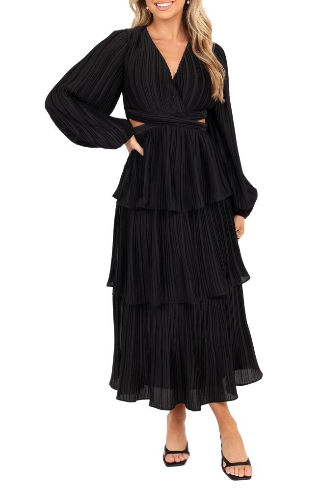 Petal & Pup Pippa Side Cutout Long Sleeve Tiered Midi Dress in Black Cover