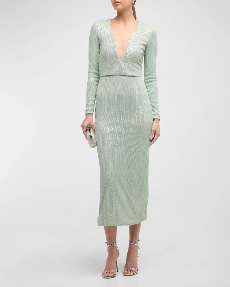 Giorgio Armani Plunging Long-Sleeve Reverse Paillette Knit Midi Dress Cover