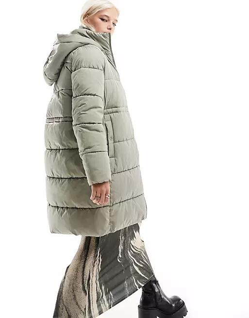 Vero Moda longline hooded puffer coat in sage-Gray Cover