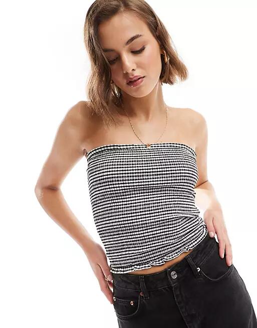 Bershka shirred bandeau top in black & white gingham print-Blue Cover