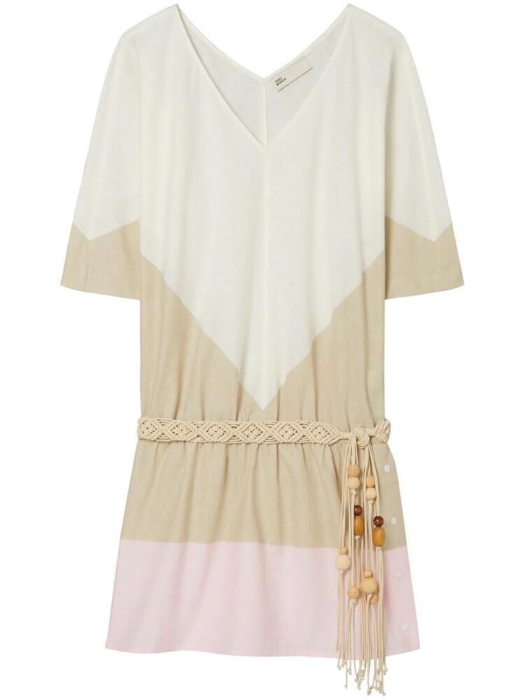 Tory Burch linen-blend belted minidress - Neutrals Cover