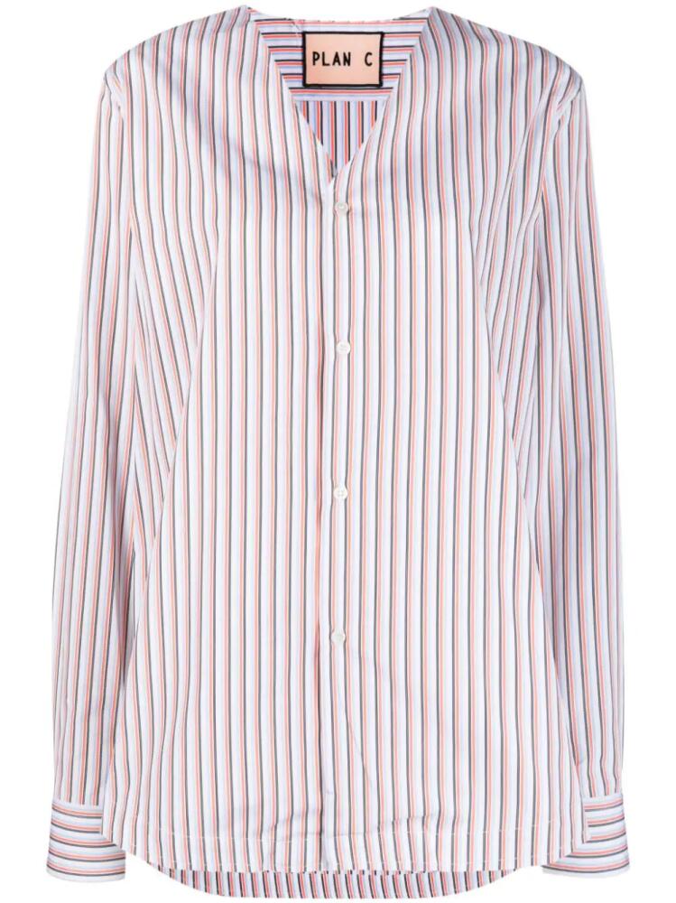 Plan C striped V-neck long-sleeve shirt - White Cover