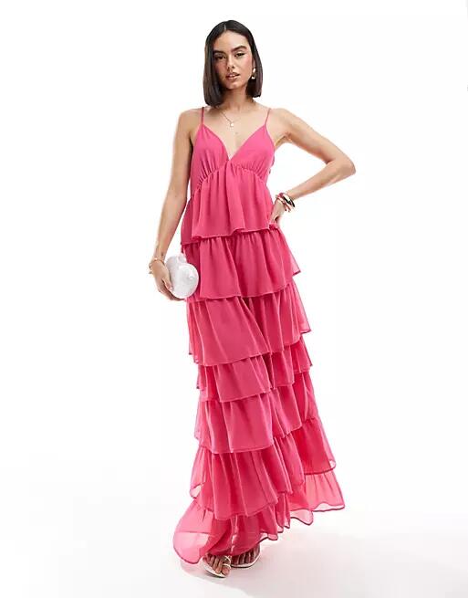 Vila tiered frill maxi cami dress in bright pink Cover