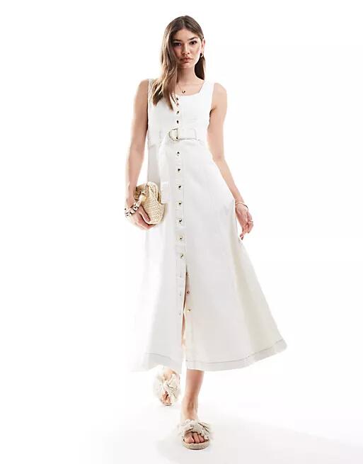 Ever New denim belted midi dress in white Cover