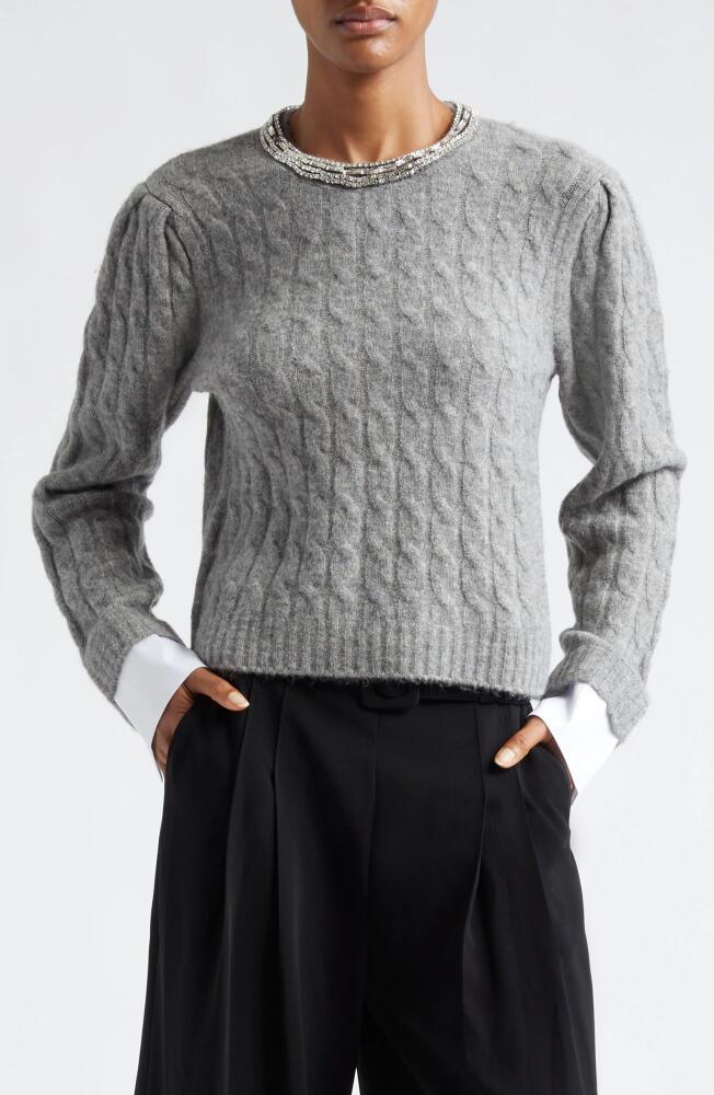 Cinq à Sept Rosario Embellished Collar Cable Stitch Sweater in Light Heather Grey Cover