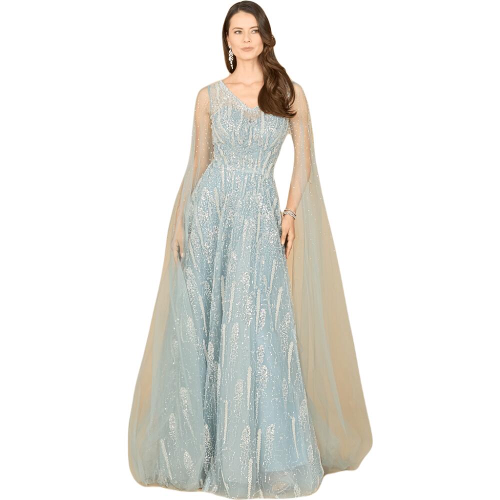 LARA New York Lace Gown with Cape Sleeves and V-neckline in Dustyblue Cover