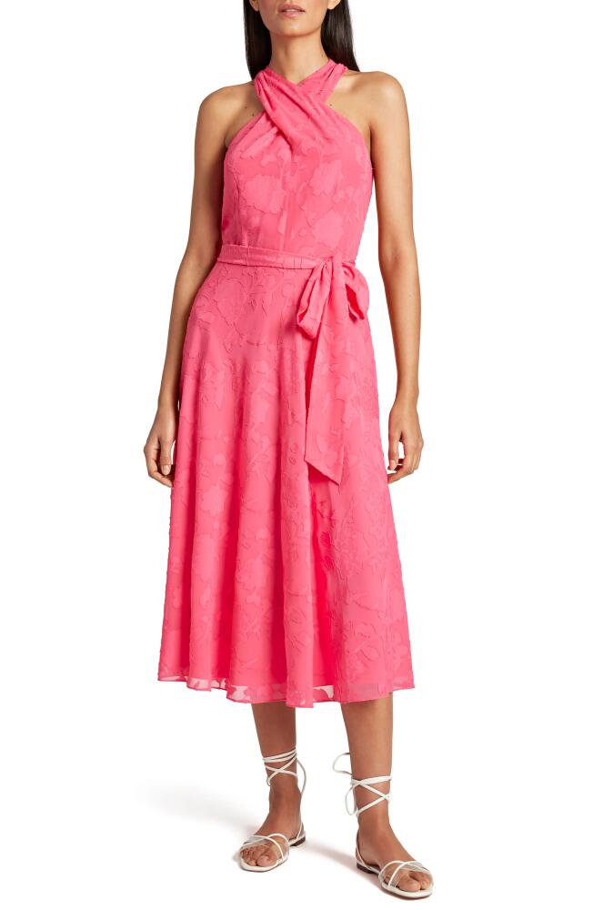 Tahari Floral Clipped Chiffon Sleeveless Midi Dress in Neon Coral Cover