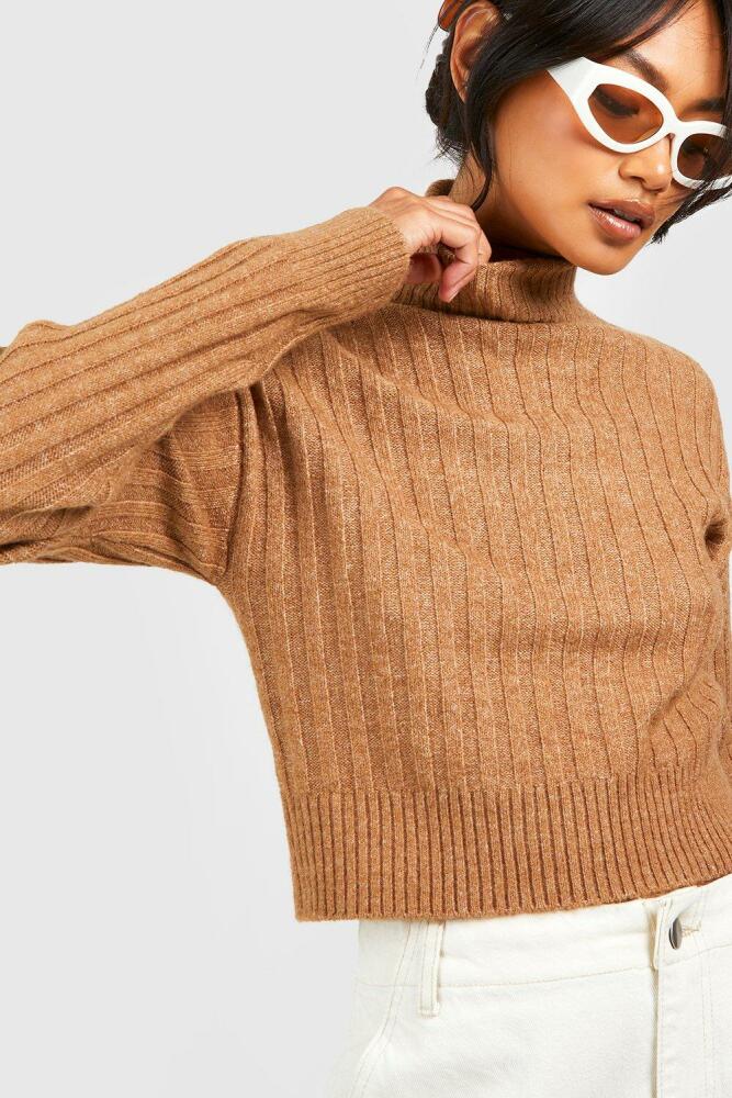 boohoo Womens Soft Rib Knit Turtleneck Crop Sweater - Beige Cover