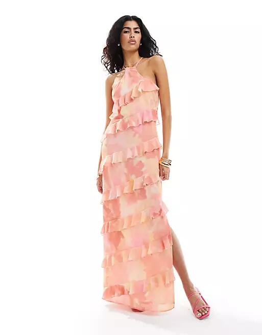 Pretty Lavish Katy ruffle maxi dress with split in pink floral Cover