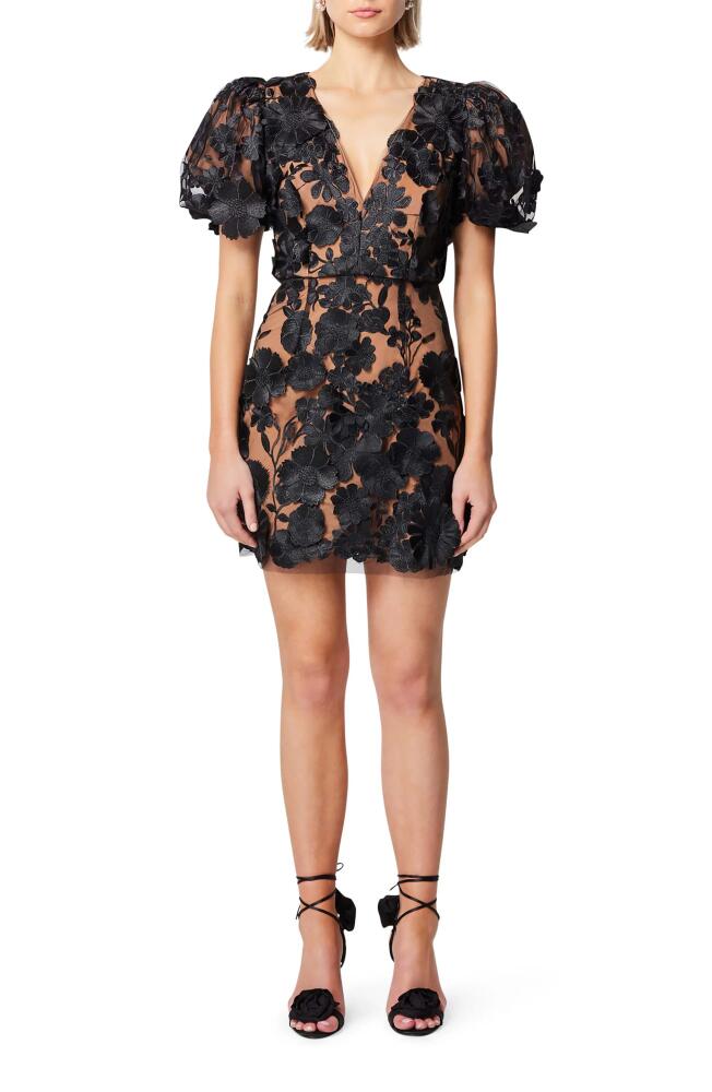 Elliatt Rosalind Floral Embroidered Puff Sleeve Cocktail Minidress in Black Cover