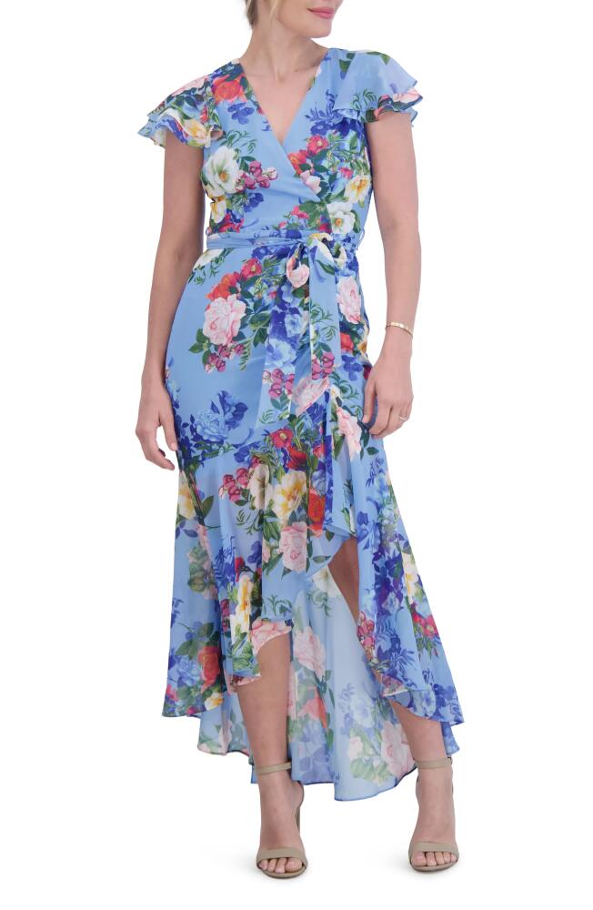 Eliza J Floral Double Flutter Sleeve High-Low Dress in Blue Cover