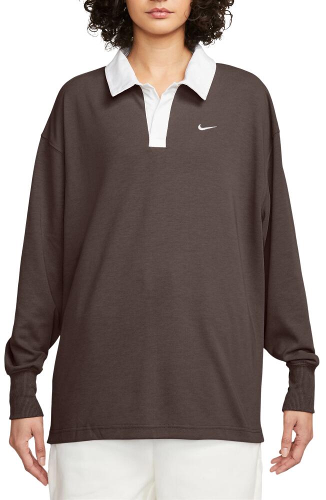 Nike Sportswear Essentials Oversize Long Sleeve Polo in Baroque Brown/White Cover