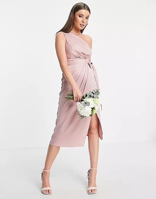 Little Mistress Bridesmaid one shoulder wrap dress in dusty rose-Pink Cover