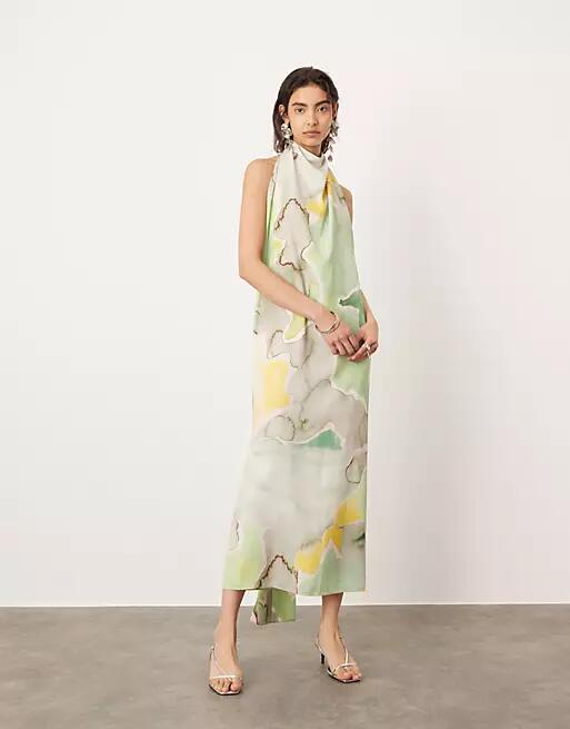 ASOS EDITION halterneck midi dress with drape detail in marble print-Multi Cover