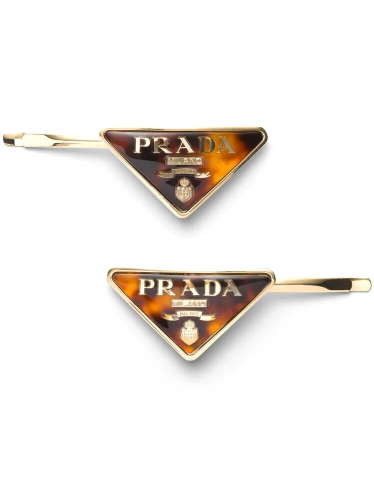 Prada logo-engraved triangle hair clips - Gold Cover