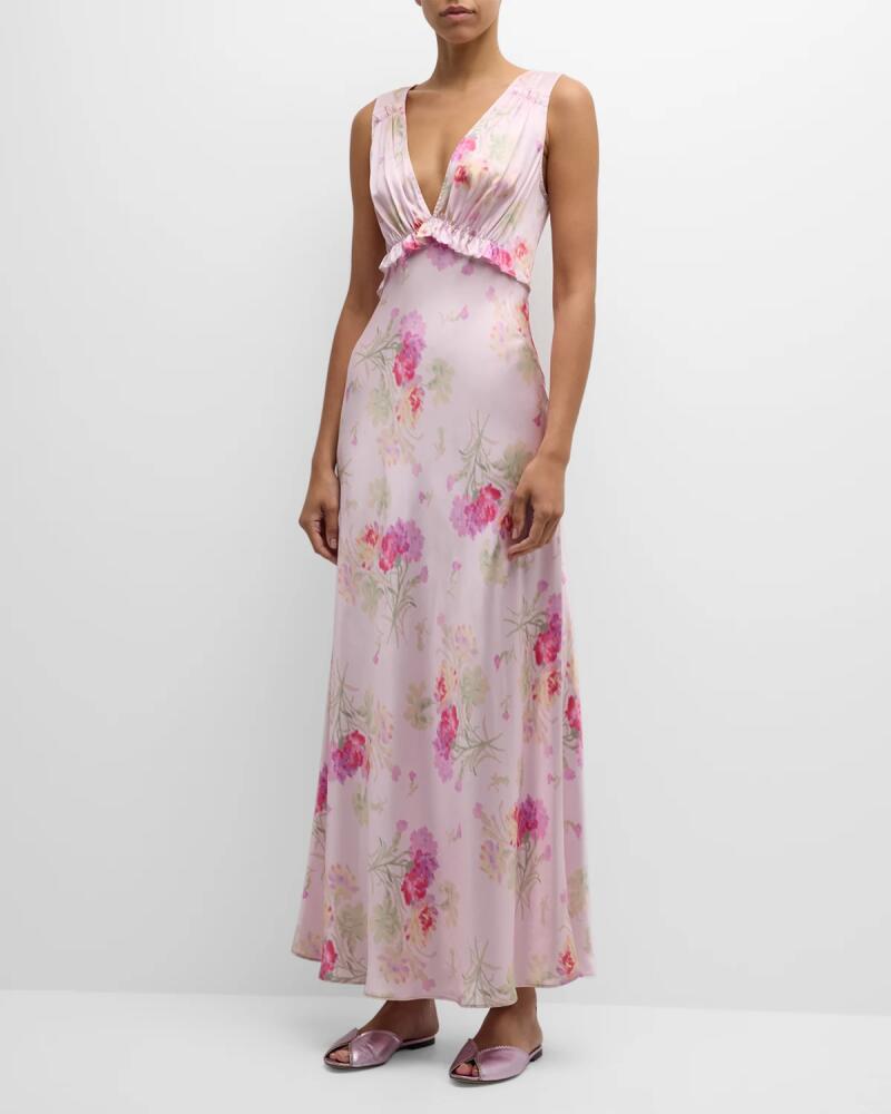 LoveShackFancy Suniva Sleeveless Floral Silk V-Neck Midi Dress Cover