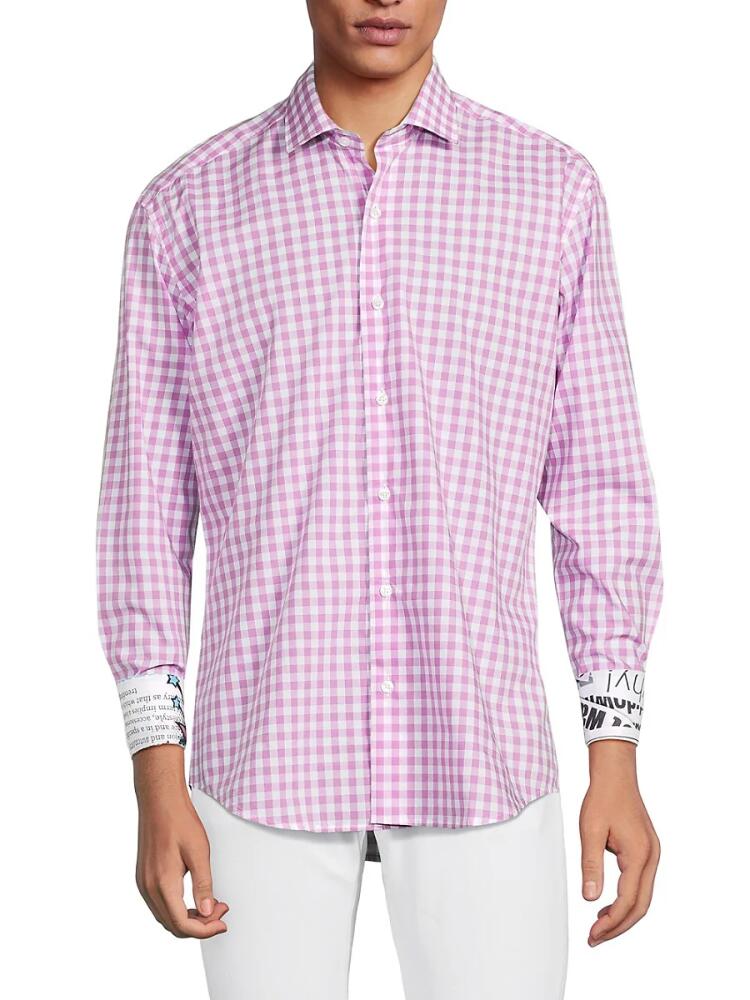 Bertigo Men's Gingham Check Button Down Shirt - Purple Cover