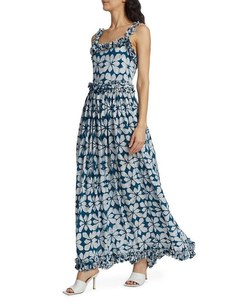 Busayo Women's Aje Geometric Ruffle Trim Maxi Dress - Teal And White Cover