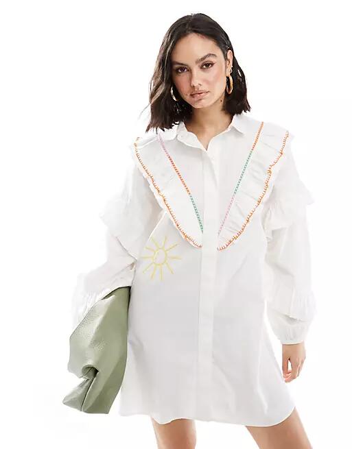 Never Fully Dressed Austin contrast stitch mini shirt dress in white Cover