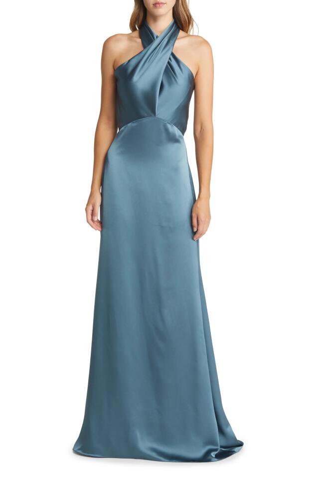 Amsale Halter Neck Satin Gown in Petrol Cover