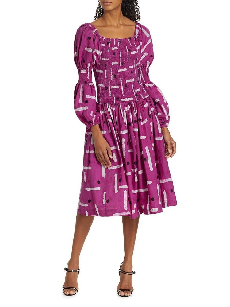 Busayo Women's Shola Print Smocked Midi Dress - Magenta Cover