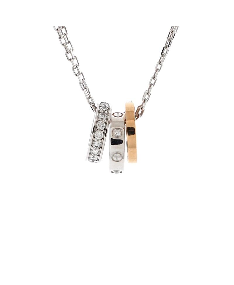 Pre-Owned Cartier Love 3 Ring Pendant Necklace 18K Rose Gold and 18K White Gold with Diamonds Cover