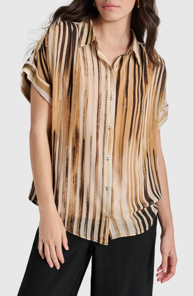 DKNY Print Chiffon Short Sleeve Button-Up Shirt in Vertical Stripe Panel Cover