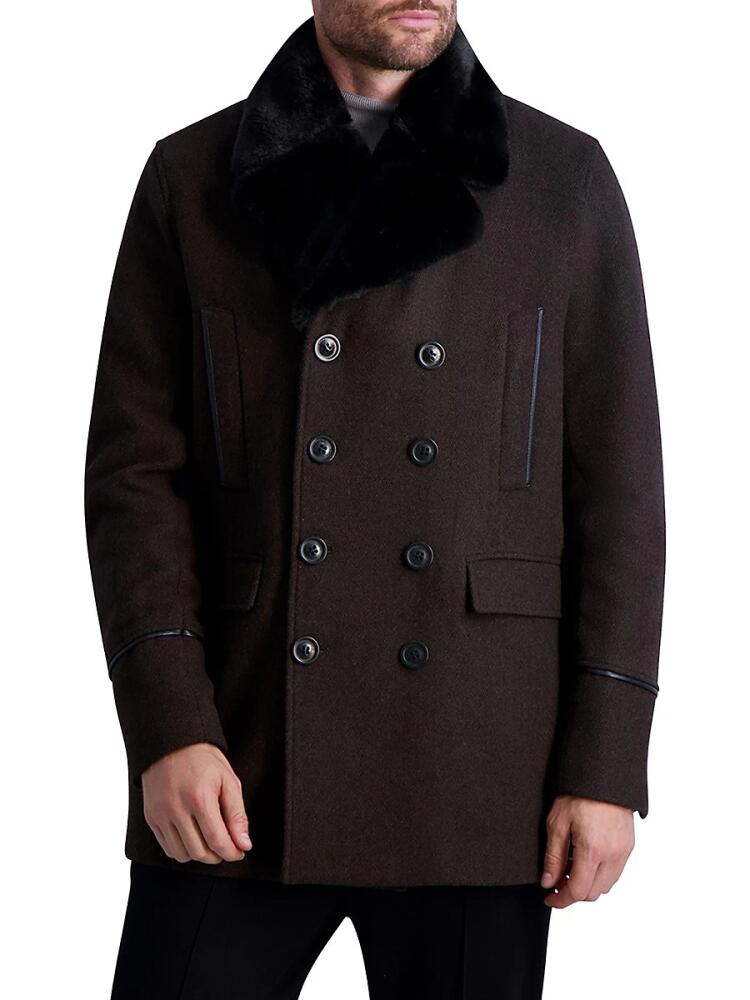 Karl Lagerfeld Paris Men's Faux Fur-Collar & Wool-Blend Peacoat - Brown Black Cover