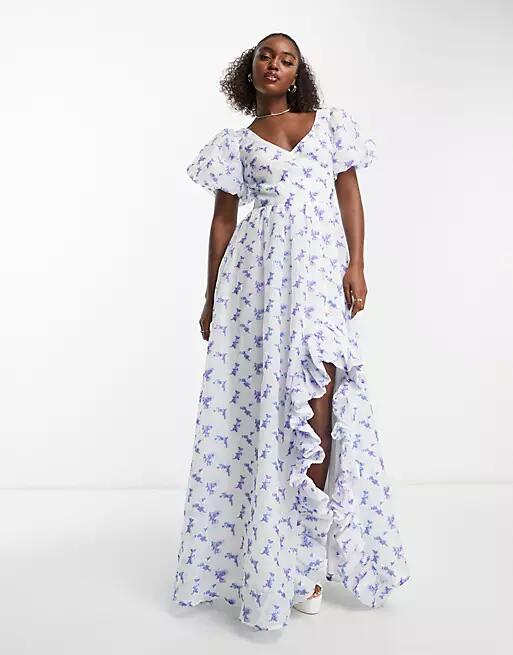 Maya puff sleeve wrap bodice maxi dress with ruffle split in blue floral-White Cover