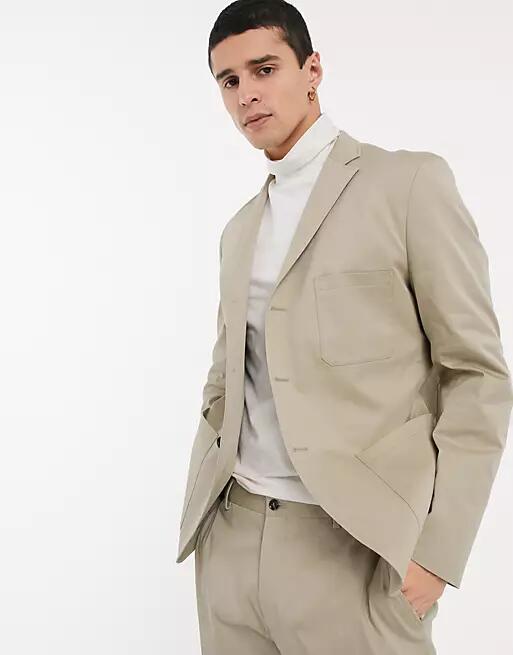 Selected Homme cotton slim fit patch pocket cotton suit jacket in stone-Neutral Cover