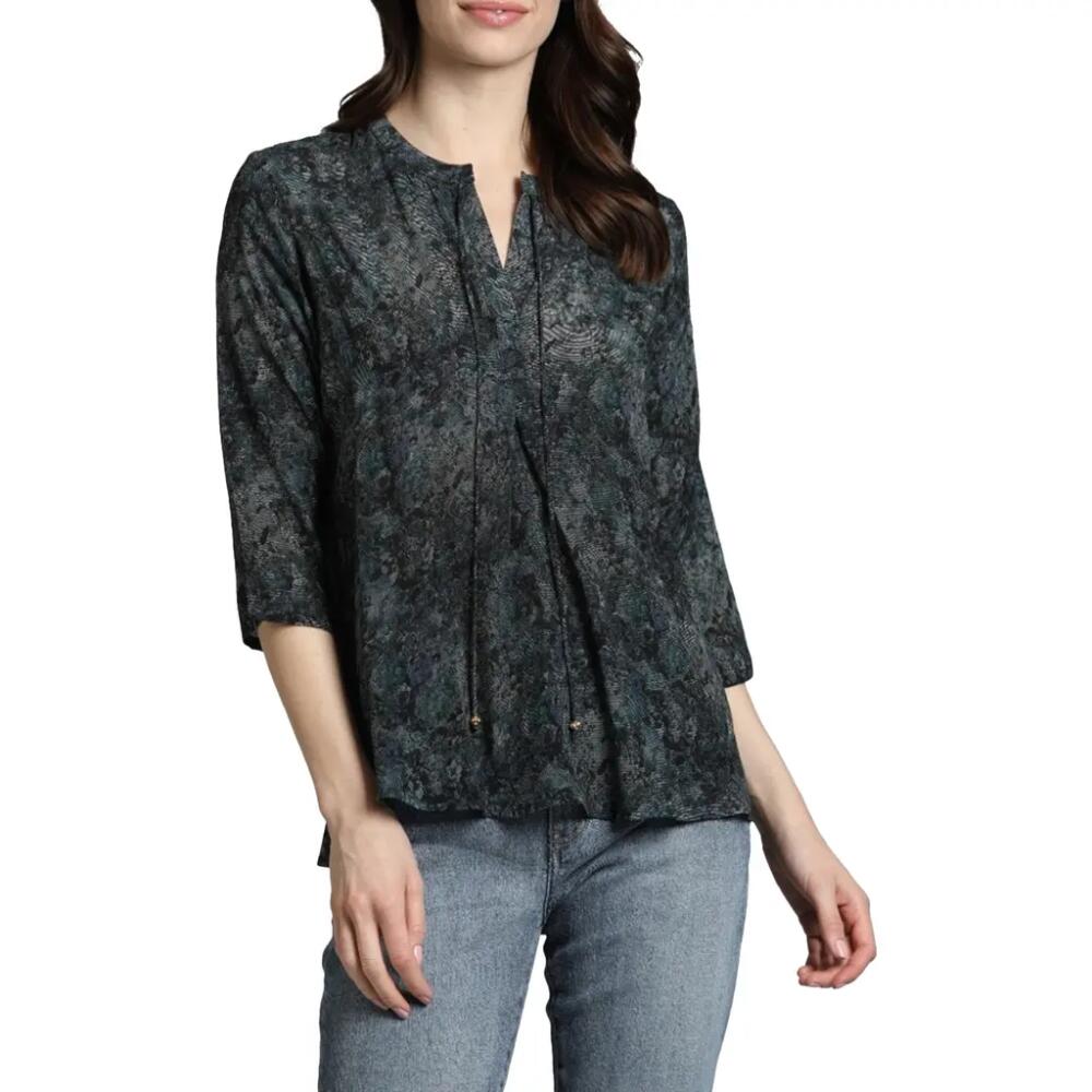 APNY Print Tassel Split Neck Chiffon Top in Black Multi Cover