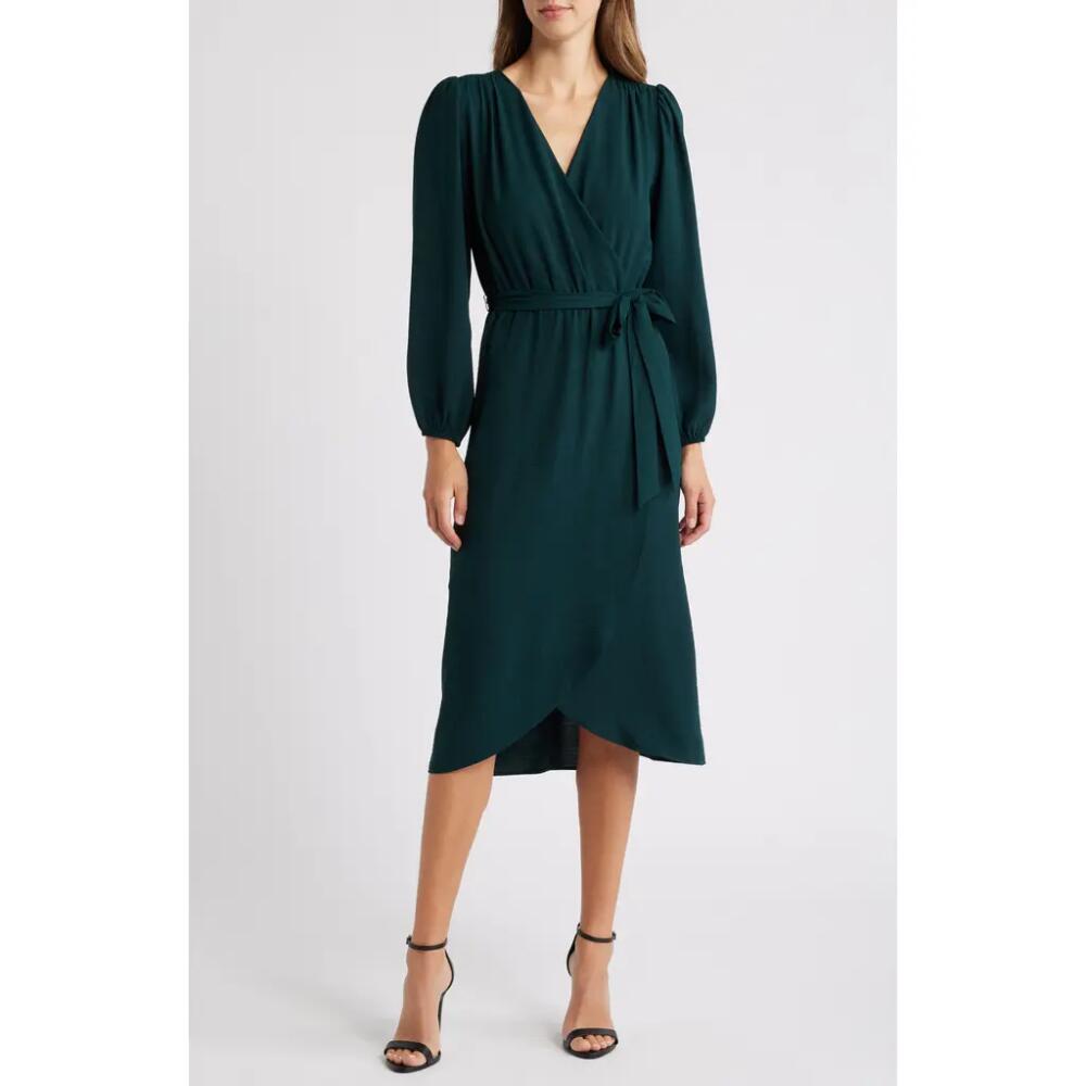 Connected Apparel Long Sleeve Faux Wrap Midi Dress in Pine Cover