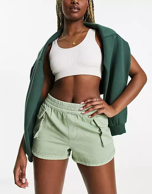 Miss Selfridge cargo pocket runner shorts in washed khaki-Green Cover