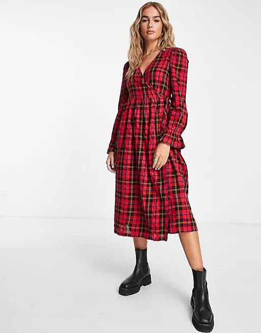 Monki seersucker tie detail wrap midi dress in red tartan Cover