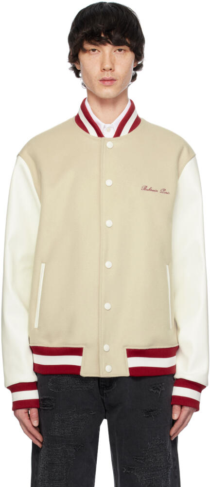 Balmain Beige Paneled Faux-Leather Bomber Jacket Cover