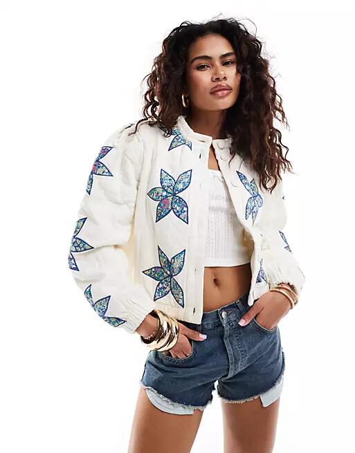 Free People quinn quilted patch insert denim jacket in off white Cover