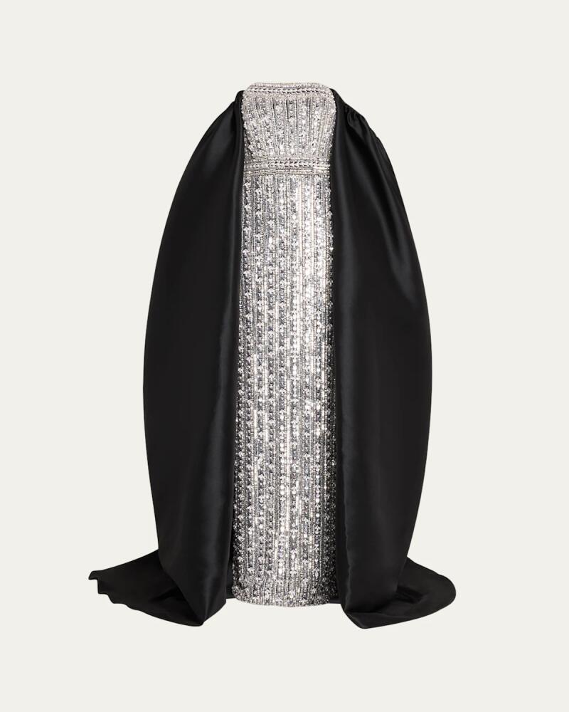 Pamella Roland Crystal Embellished Tulle Gown with Pique Mikado Cape Cover